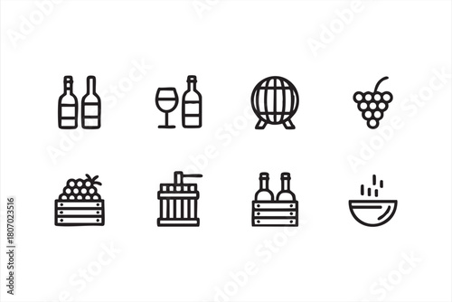 Vineyard production icon set with wine bottles, presses, grapes and barrels for UI layouts
