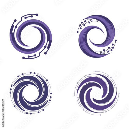 Four abstract purple swirling vortex logos with dotted accents on a white background, representing energy and motion.
