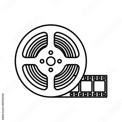 Film reel and strip of film for cinema and movie production, isolated on