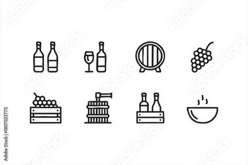Wine-making outline graphics with presses, bottles and grape elements for web design
