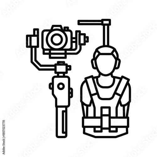 Videographer with camera gimbal and stabilizer vest for smooth footage, isolated on