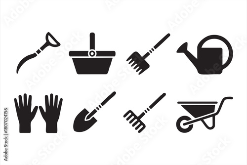 Garden equipment icon pack with shovels, rakes, cutters and watering cans for web design