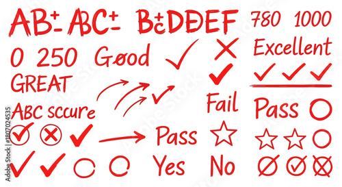 Educational elements Grades, check marks, and symbols for assessment and evaluation, isolated on white