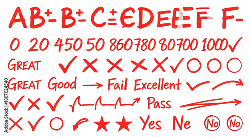 Educational Symbols and Grades A Collection of Checkmarks, Letters, and Numerical Scores