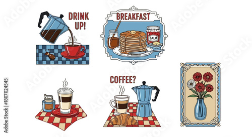 Breakfast and Coffee Icons Delicious Food, Drink, and Refreshing Beverages in Decorative Frames