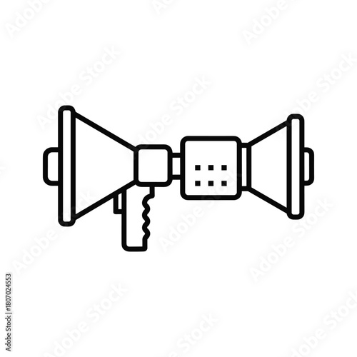 Double sided megaphone icon in black and white line art isolated on