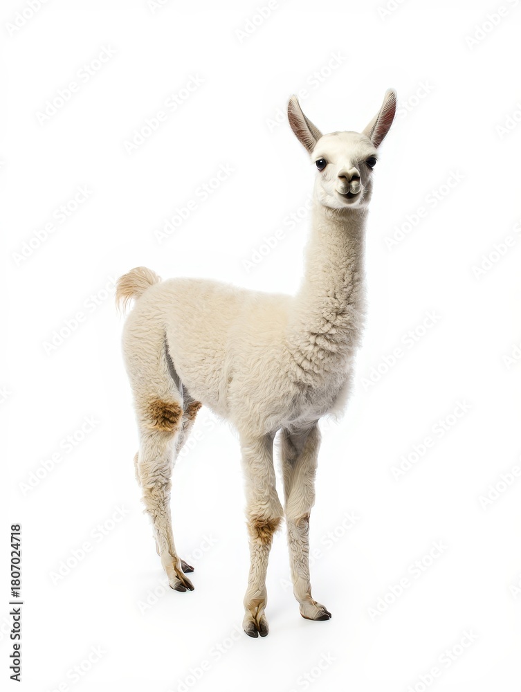 Fototapeta premium Curious White Llama Standing Against White Background