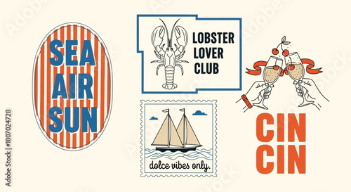 Vintage Nautical and Seaside Themed Badges and Logos Collection Summer Holiday Fun