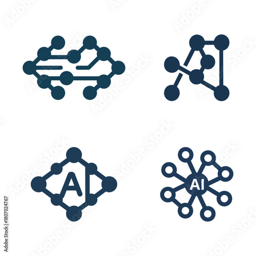 Four stylized icons representing artificial intelligence and neural networks featuring interconnected nodes and lines in a dark blue hue