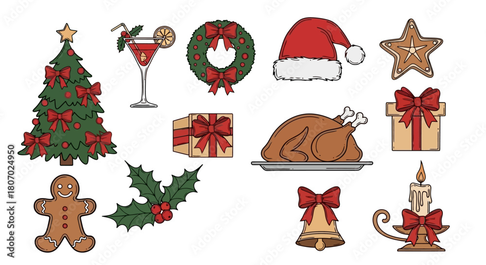 Naklejka premium Festive Christmas Icon Collection Tree, Gifts, Cocktails, and Holiday Elements for Design