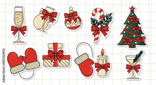 Festive Christmas Icon Collection Champagne, Ornaments, Gifts, Mittens, and Traditional Holiday Symbols