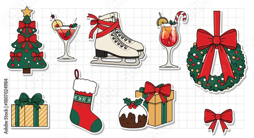 Festive Holiday Icons Christmas Tree, Cocktails, Skates, Wreath, Gift Boxes, Stocking, and Decorations