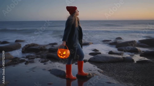 Woman in Red Boots and Coat Walking on a Rocky Beach at Dusk Holding a Jack-o'- Lantern Candy Bucket
