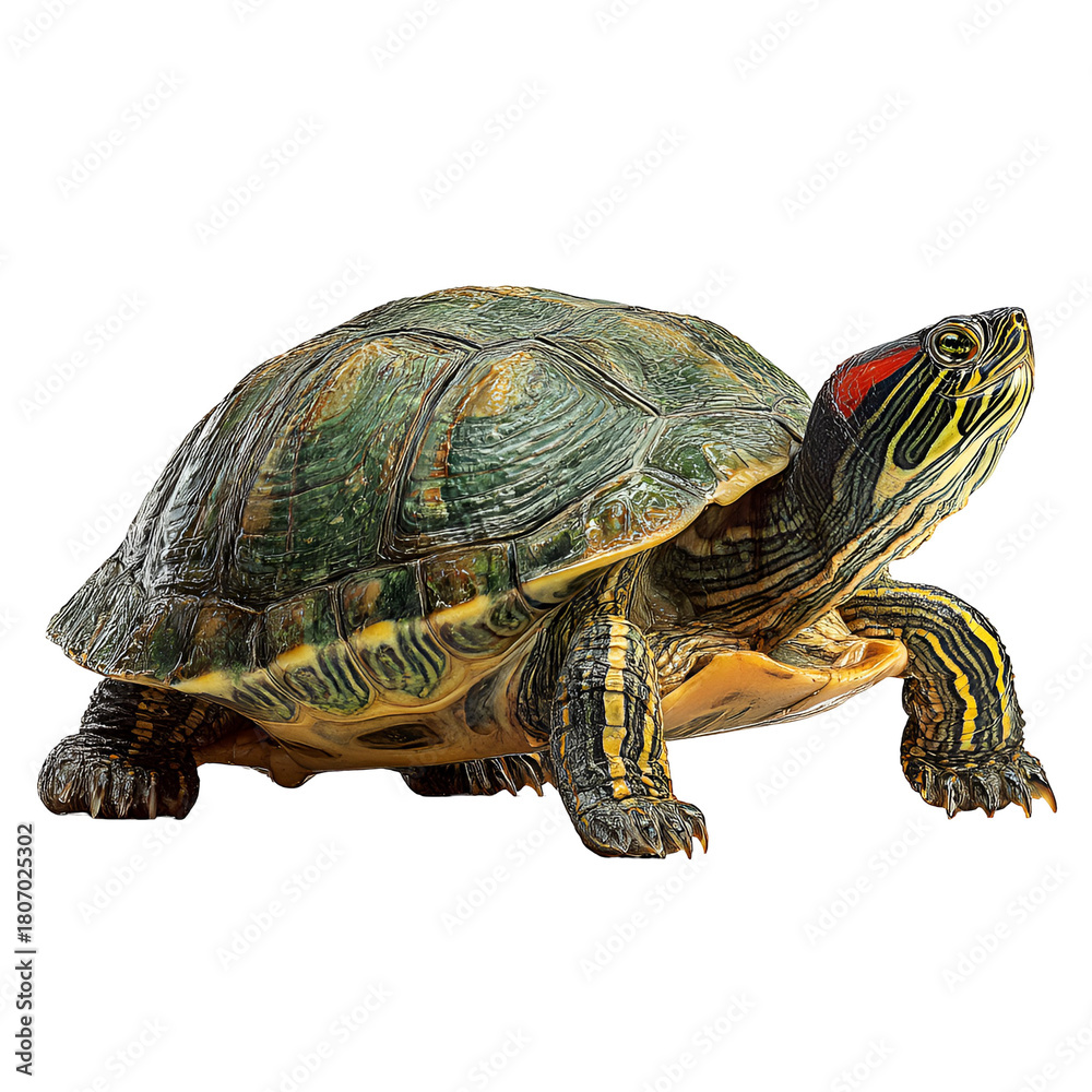 Obraz premium Red eared slider turtle isolated on black background studio shot