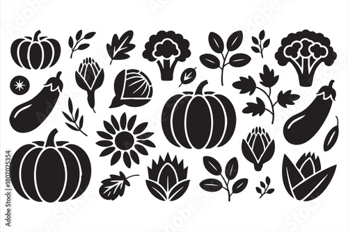 Autumn harvest silhouette set with pumpkins, broccoli, eggplants and seasonal leaves for UI layouts