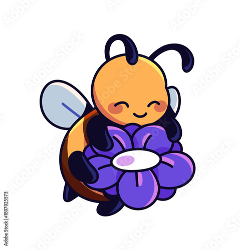 Cute baby honey bee sits on flower, gathers pollen. Funny honeybee sniffs smell of wildflower. Happy bumblebee relaxes on bloom meadow plant. Flat isolated vector illustration on white background.