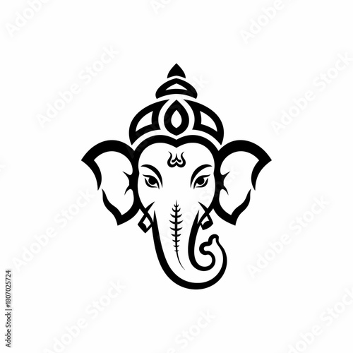 A stylized black and white illustration of the Hindu deity Ganesha, featuring detailed linework.