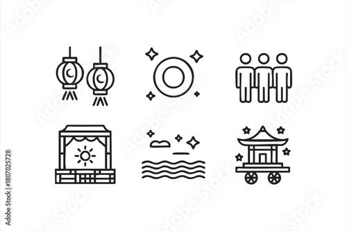 Festival parade icon set with lanterns, shrine cart and night landscape for UI layouts
