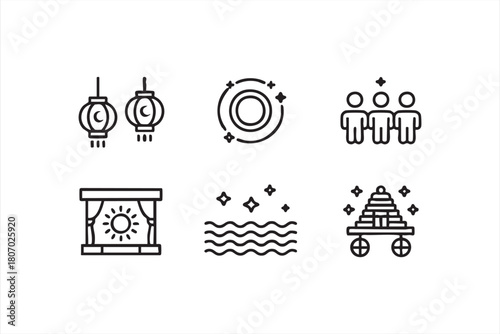 Night festival icon suite including lanterns, waves, temple cart and celebration elements