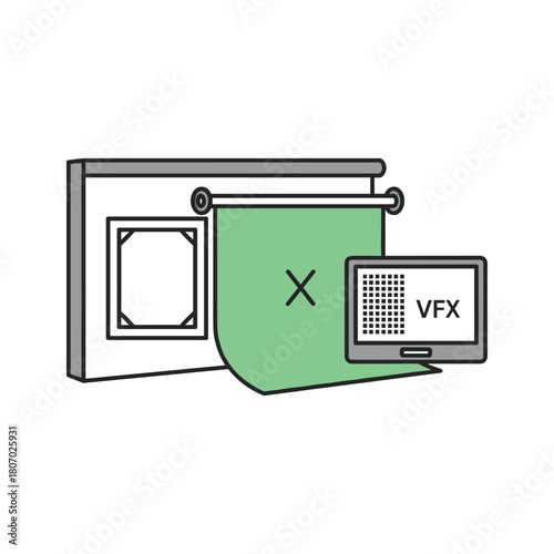 Green screen setup for visual effects vfx in film production, with a monitor showing digital elements