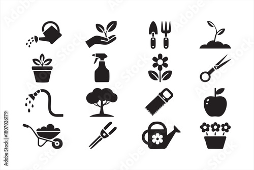 Garden tools and foliage graphics for dashboards, app menus and web interfaces