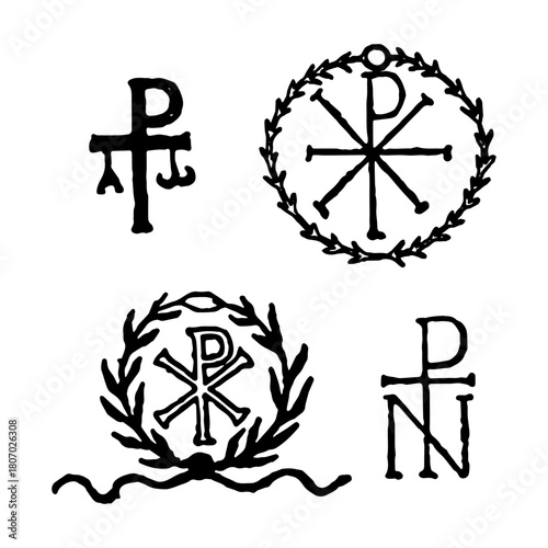 Monograms of Christ. Vintage religious sign set on white background