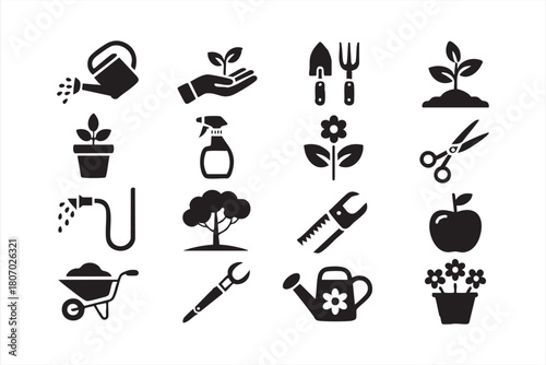 Horticulture icon suite with planting tools, watering equipment and plant symbols