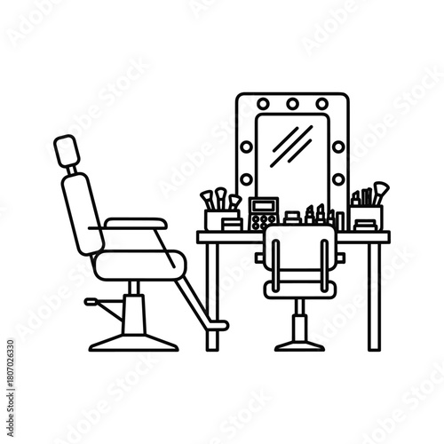 Makeup artist chair and vanity table with mirror, isolated on