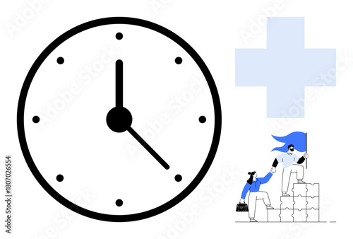 Clock icon, teamwork figures climbing puzzle blocks with a flag, and a health cross. Ideal for time management, health, collaboration, productivity, leadership achievement and teamwork. Simple flat