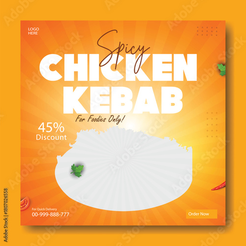 Delicious spicy chicken kebab skewers with fresh vegetables on a plate with orange background