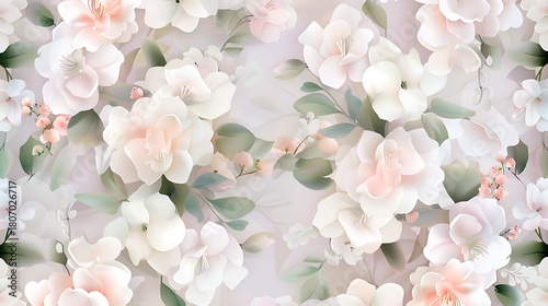 Elegant Floral Pattern with Soft Pastel Flowers and Delicate Green Leaves on a Light Background