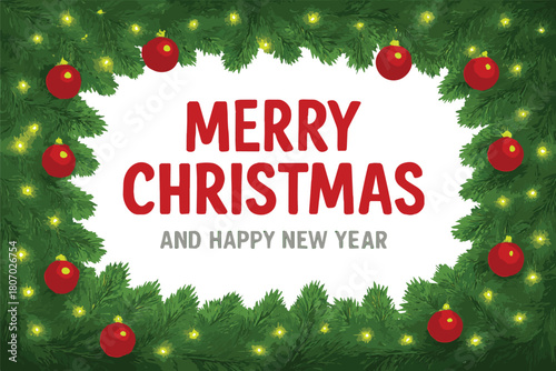 Merry Christmas Border with Red Ornaments and Lights