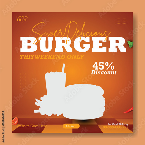 Delicious double patty burger with fries and soda on a vibrant orange background with a special offer