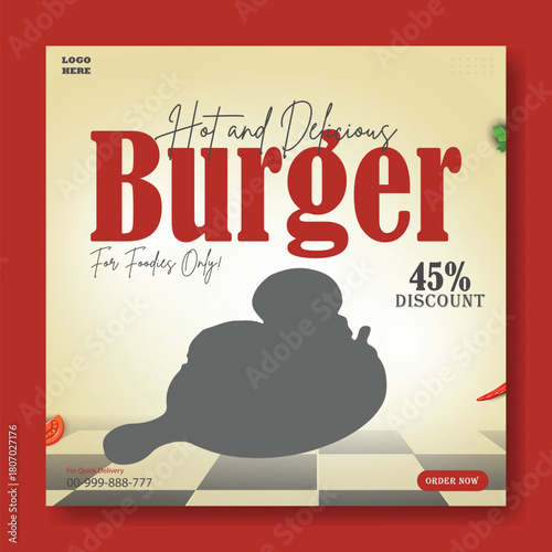 Delicious burger offer with 45 percent discount on a wooden board