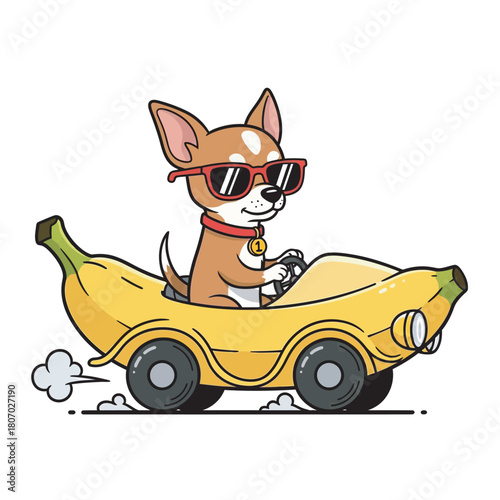 A cool chihuahua wearing sunglasses drives a banana-shaped car with smoke coming from the wheels.
