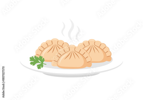 Steamed dumplings on a white plate with a green herb, depicted in a simple graphic illustration style.