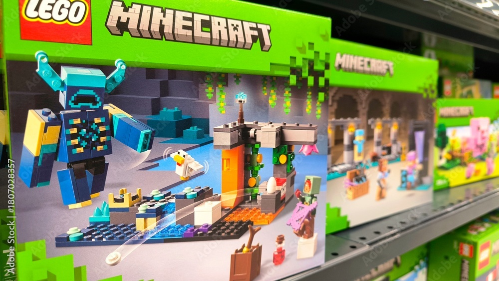 Obraz premium LEGO Minecraft set box on shelf | Underwater scene with Drowned figure & duck | Concept of gaming toys, licensed products, retail editorial