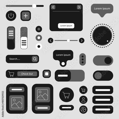 Complete Mobile UI Elements Set Featuring Buttons Sliders Icons and Interface Components in Minimal Monochrome Style