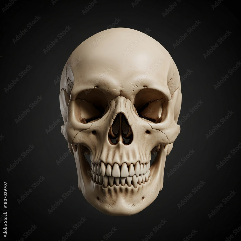 Fototapeta premium Image of a light brown human skull, representing mortality, anatomy, or science concept, set against a dark background, creating a dramatic effect.