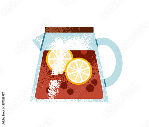 Glass teapot with lemon and fruit in water. Tea infuser for preparing hot drinks. Stylish pot for brewing herbs and cooking herbal beverages. Flat isolated vector illustration on white background.