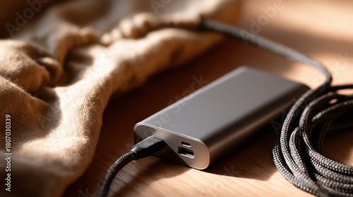 Portable Charger on Wooden Desk, Calm Minimal Product Shot of Sleek Power Bank with Braided USB-C Cable in Natural Sunlight for Tech Accessories E-commerce, Advertising, and Editorial