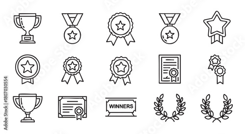 Achievement icons set of award medal cup and certificate design