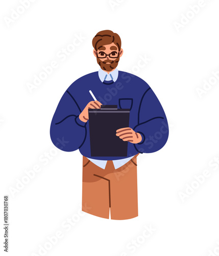 Employee with glasses takes notes on clipboard. Man with beard writes, signs business documents. Office worker stands, holds tablet for papers. Flat isolated vector illustration on white background.