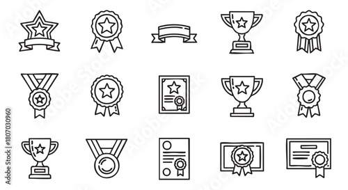 Collection of achievement icons representing awards and recognition line art