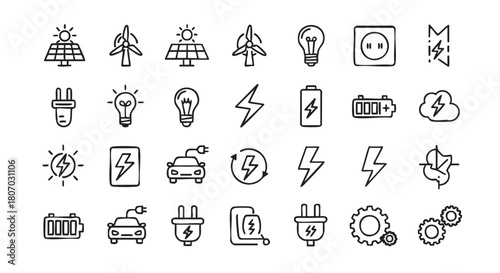 Collection of clean energy source and transportation icons in black