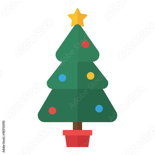 Classic Christmas tree icon adorned with colorful baubles and a golden star topper