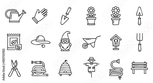 Collection of garden tools and elements in simple line style