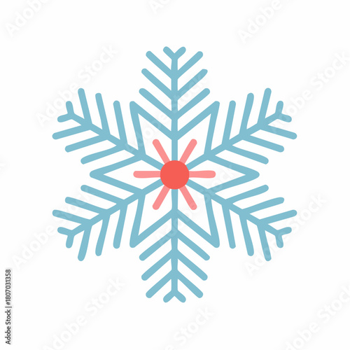Stylized light blue snowflake with red center on a white background.
