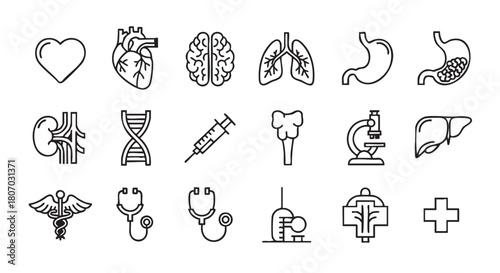 Collection of medical and biological symbols icons set in black line