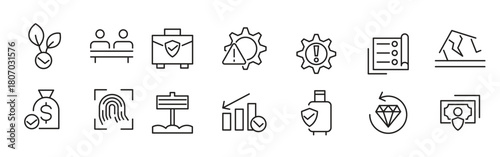 Insurance line icon set. Includes strategy, natural disaster, emergency, decision, prevention, paid, vacation, pension, financial security.